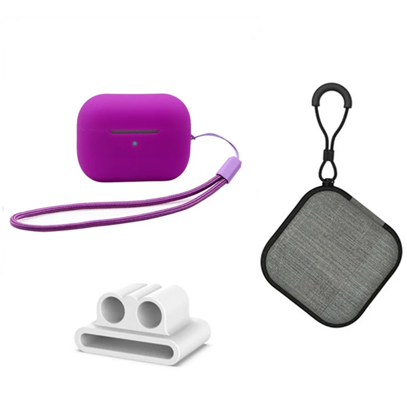 For Apple AirPods Pro 2 Silicone Case Bluetooth-compatible Earphone Anti-drop Cover + Hand Strap + Watch Band Earbud Holder + Storage Box - Dark Purple