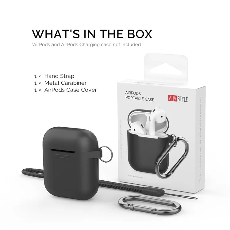 AHASTYLE PT06-3 для Apple AirPods с зарядным чехлом (2016) / (2019) / AirPods с беспроводным зарядным чехлом (2019) Наушники Силиконовый чехол Ударопрочный чехол для наушников с карабином - Черный