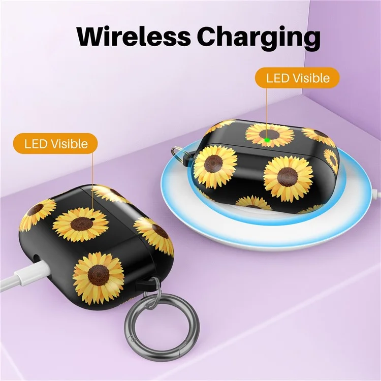 AHASTYLE PT-LC142 per Apple AirPods Pro Sunflower Pattern Earphone Case Bluetooth Earbud TPU Protective Cover with Carabiner - Black Sunflower