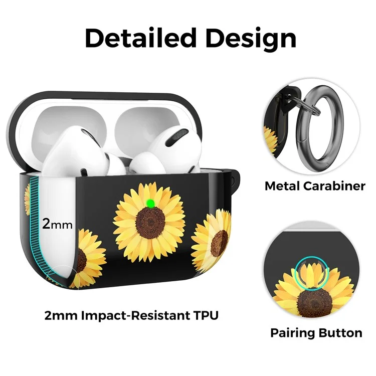 AHASTYLE PT-LC142 per Apple AirPods Pro Sunflower Pattern Earphone Case Bluetooth Earbud TPU Protective Cover with Carabiner - Black Sunflower