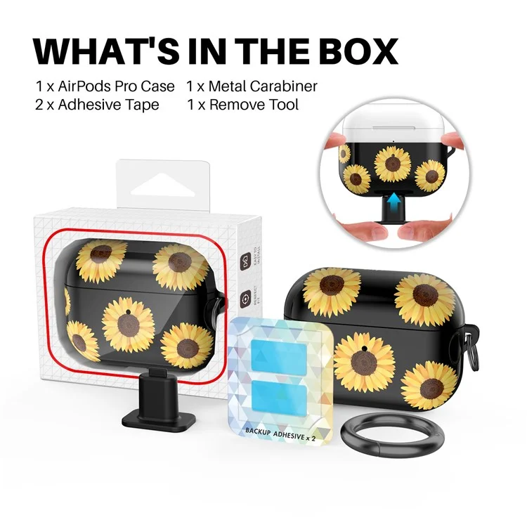 AHASTYLE PT-LC142 per Apple AirPods Pro Sunflower Pattern Earphone Case Bluetooth Earbud TPU Protective Cover with Carabiner - Black Sunflower