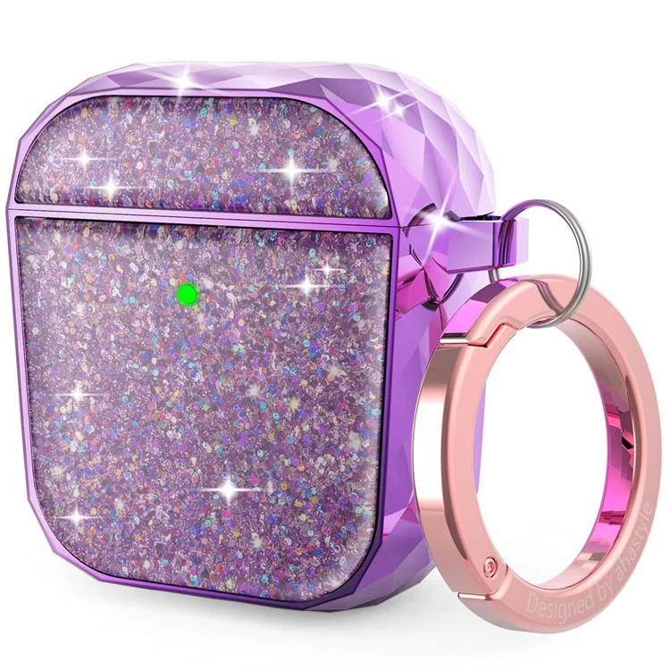AHASTYLE PT119-A for Apple AirPods with Charging Case (2016)  /  (2019)  /  AirPods with Wireless Charging Case (2019) Hard PC Earphone Case Sparkling Glitter Earbud Cover with Carabiner - Purple