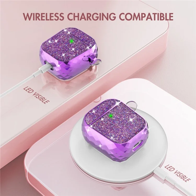 AHASTYLE PT119-A for Apple AirPods with Charging Case (2016)  /  (2019)  /  AirPods with Wireless Charging Case (2019) Hard PC Earphone Case Sparkling Glitter Earbud Cover with Carabiner - Purple