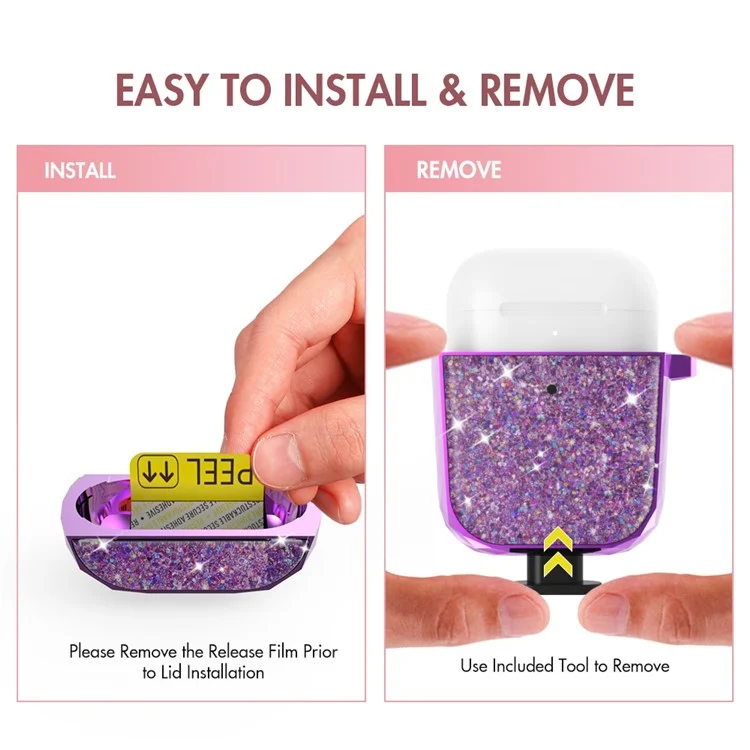 AHASTYLE PT119-A for Apple AirPods with Charging Case (2016)  /  (2019)  /  AirPods with Wireless Charging Case (2019) Hard PC Earphone Case Sparkling Glitter Earbud Cover with Carabiner - Purple