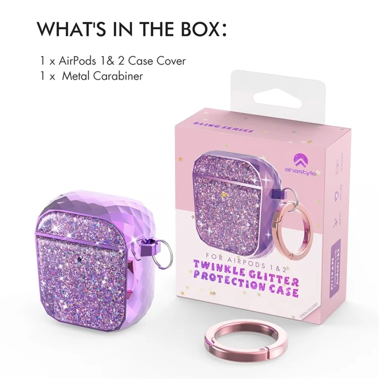 AHASTYLE PT119-A for Apple AirPods with Charging Case (2016)  /  (2019)  /  AirPods with Wireless Charging Case (2019) Hard PC Earphone Case Sparkling Glitter Earbud Cover with Carabiner - Purple