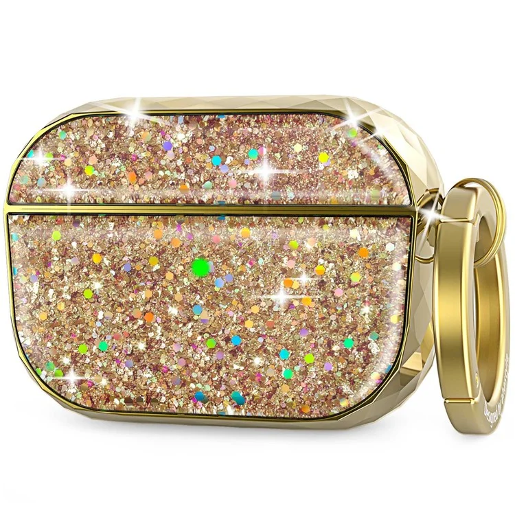 AHASTYLE PT119-PRO for Apple AirPods Pro Earphone Case Two-Piece Design Shiny Glitter Earbud Anti-drop Cover with Carabiner - Gold