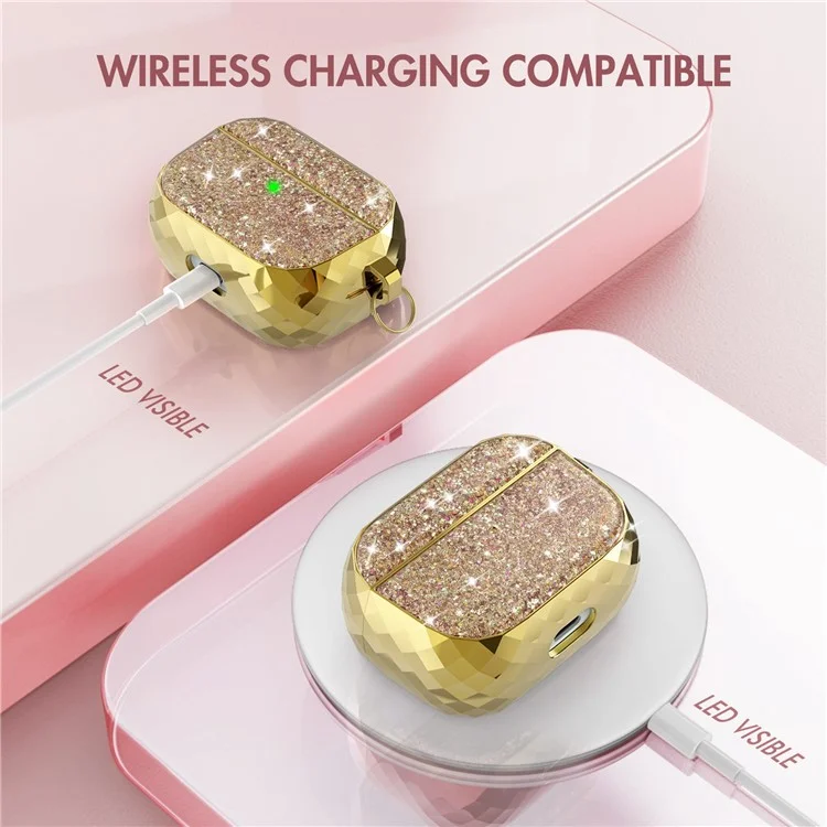 AHASTYLE PT119-PRO for Apple AirPods Pro Earphone Case Two-Piece Design Shiny Glitter Earbud Anti-drop Cover with Carabiner - Gold