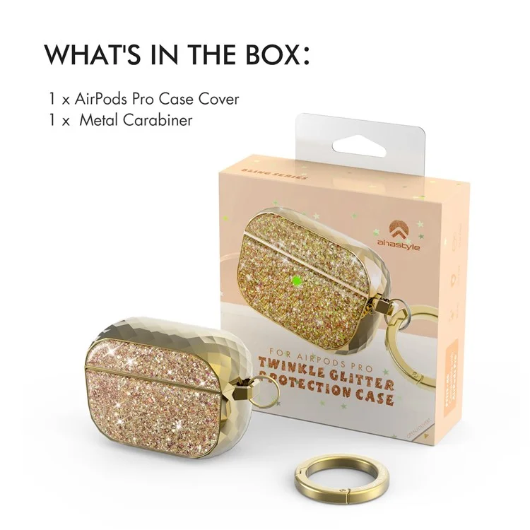 AHASTYLE PT119-PRO for Apple AirPods Pro Earphone Case Two-Piece Design Shiny Glitter Earbud Anti-drop Cover with Carabiner - Gold