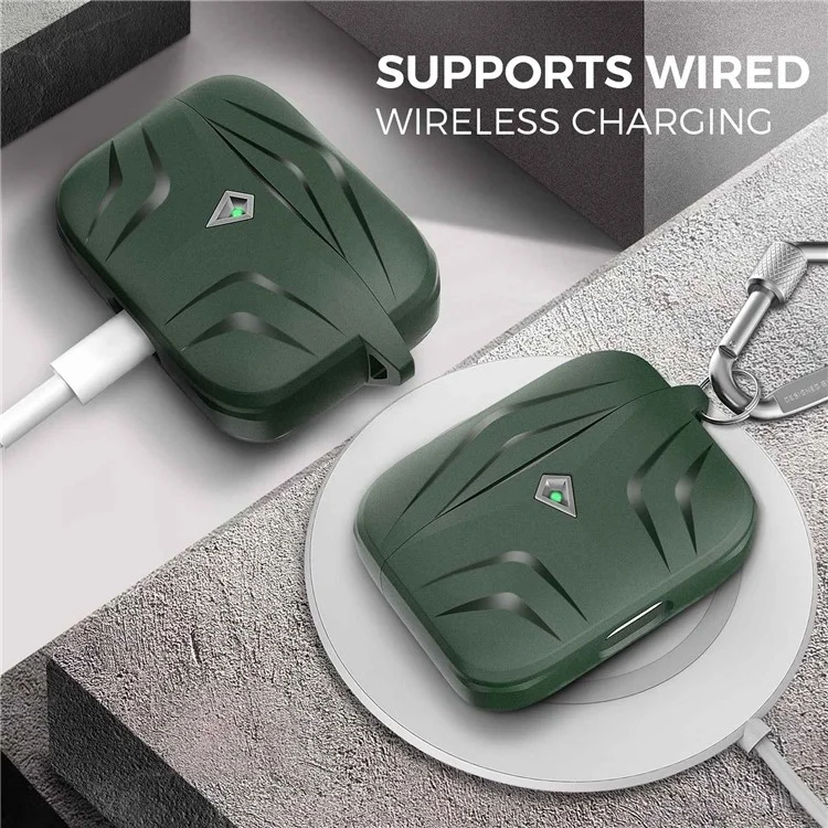 AHASTYLE PT140 Per Apple AirPods Pro Wireless Earbuds Case Protettivo Design a Due Pezzi Rhombus TPU Aurberi Copertura Pelle Con Carabiner - Midnight Green