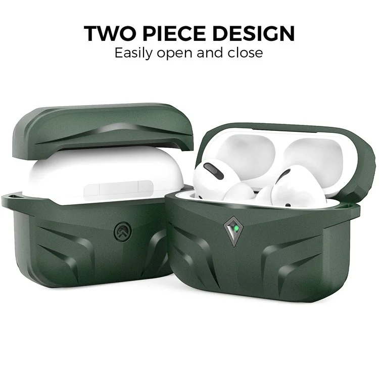 AHASTYLE PT140 Per Apple AirPods Pro Wireless Earbuds Case Protettivo Design a Due Pezzi Rhombus TPU Aurberi Copertura Pelle Con Carabiner - Midnight Green