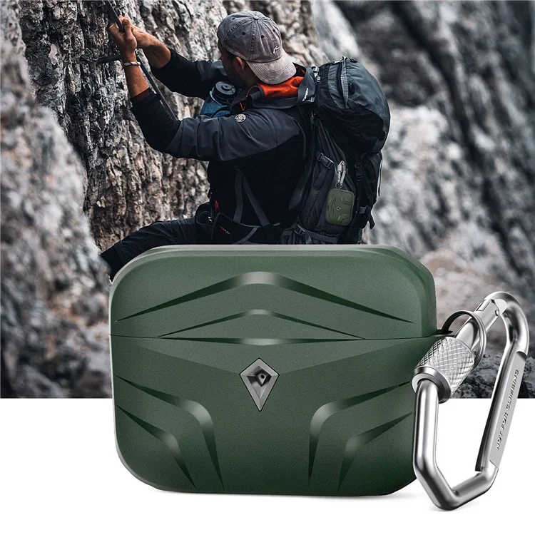AHASTYLE PT140 Per Apple AirPods Pro Wireless Earbuds Case Protettivo Design a Due Pezzi Rhombus TPU Aurberi Copertura Pelle Con Carabiner - Midnight Green