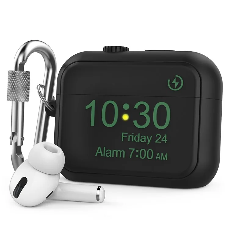AHASTYLE PT104 para Apple AirPods Pro Auricular Funda de Silicona Diseño de Reloj Digital Caja de Carga de Auricular con Mosquetón - Negro