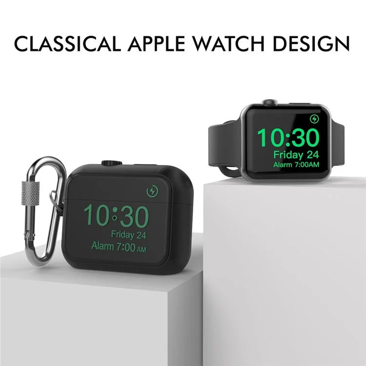 AHASTYLE PT104 para Apple AirPods Pro Auricular Funda de Silicona Diseño de Reloj Digital Caja de Carga de Auricular con Mosquetón - Negro