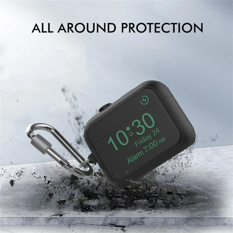 AHASTYLE PT104 para Apple AirPods Pro Auricular Funda de Silicona Diseño de Reloj Digital Caja de Carga de Auricular con Mosquetón - Negro