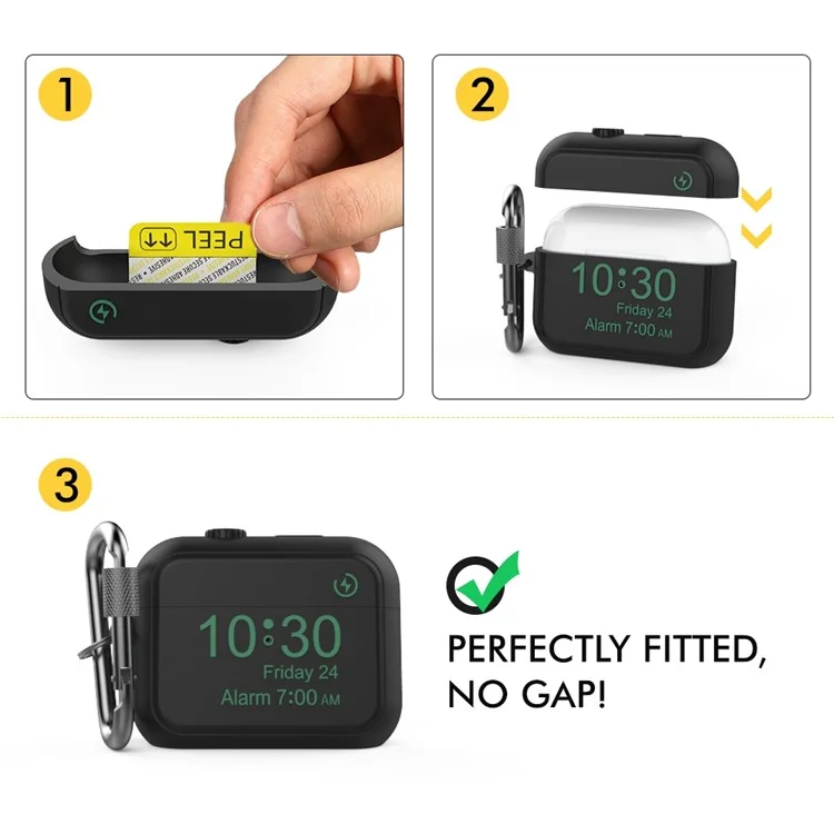 AHASTYLE PT104 para Apple AirPods Pro Auricular Funda de Silicona Diseño de Reloj Digital Caja de Carga de Auricular con Mosquetón - Negro