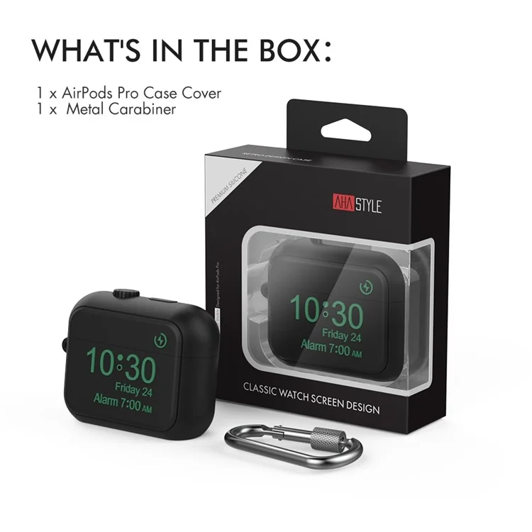 AHASTYLE PT104 para Apple AirPods Pro Auricular Funda de Silicona Diseño de Reloj Digital Caja de Carga de Auricular con Mosquetón - Negro