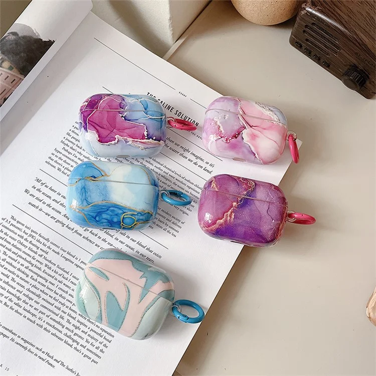 Per Apple AirPods 3 IMD Marble Pattern Soft TPU Protective Case Glossy Bluetooth Earphone Drop-proof Cover with Ring Buckle - Stile E