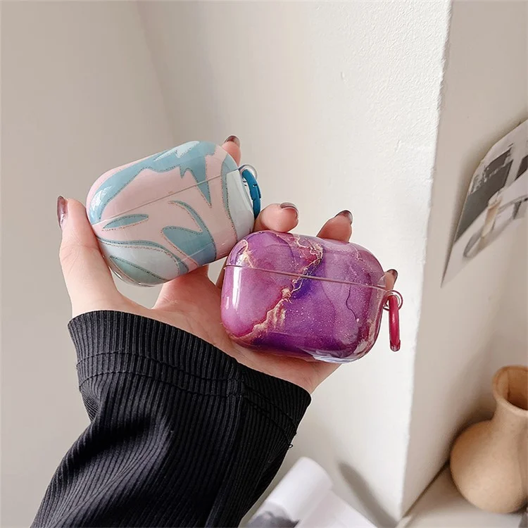Per Apple AirPods 3 IMD Marble Pattern Soft TPU Protective Case Glossy Bluetooth Earphone Drop-proof Cover with Ring Buckle - Stile E