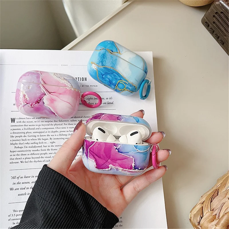 For Apple AirPods Pro Marble Pattern IMD Soft TPU Anti-drop Case Glossy Bluetooth-compatible Earphone Anti-scratch Cover with Ring Buckle - Style E