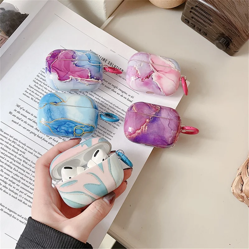 For Apple AirPods Pro Marble Pattern IMD Soft TPU Anti-drop Case Glossy Bluetooth-compatible Earphone Anti-scratch Cover with Ring Buckle - Style E