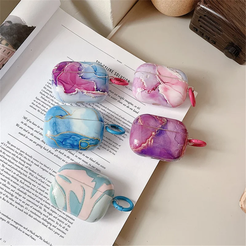 For Apple AirPods Pro Marble Pattern IMD Soft TPU Anti-drop Case Glossy Bluetooth-compatible Earphone Anti-scratch Cover with Ring Buckle - Style E