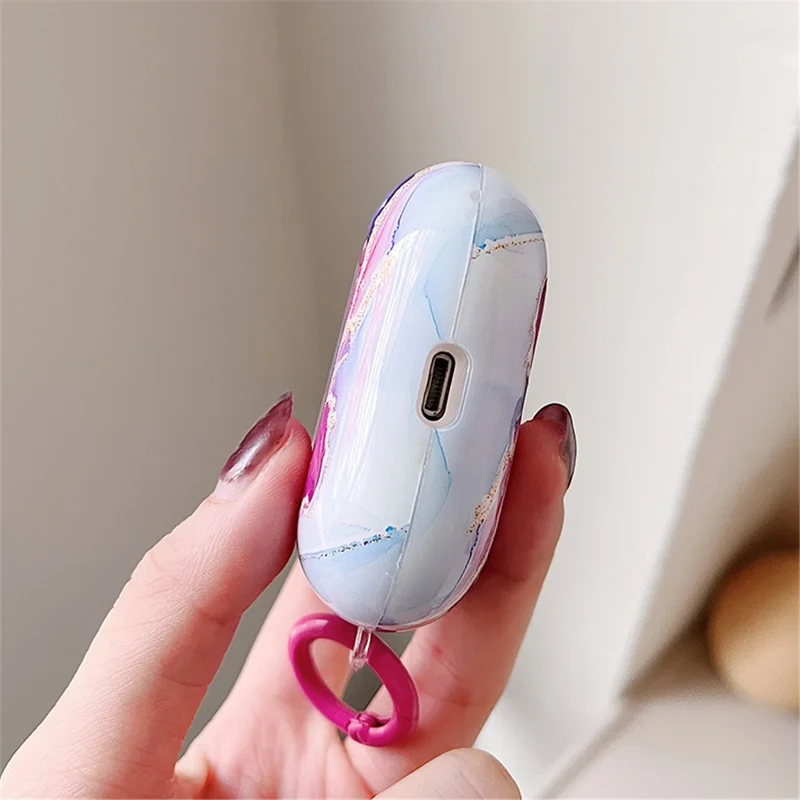 For Apple AirPods Pro Marble Pattern IMD Soft TPU Anti-drop Case Glossy Bluetooth-compatible Earphone Anti-scratch Cover with Ring Buckle - Style E