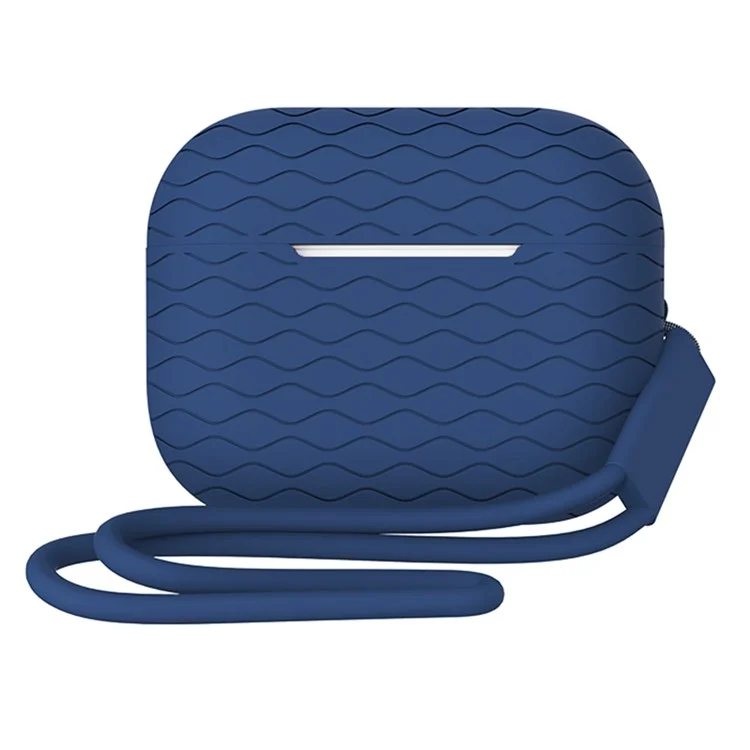 Pour AirPods Pro 2 Wavy Texture Earphone Case Soft Silicone Anti-Scratch Protective Cover Skin Shell with Strap - Midnight Blue