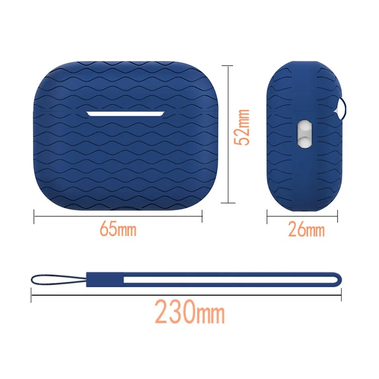 Pour AirPods Pro 2 Wavy Texture Earphone Case Soft Silicone Anti-Scratch Protective Cover Skin Shell with Strap - Midnight Blue