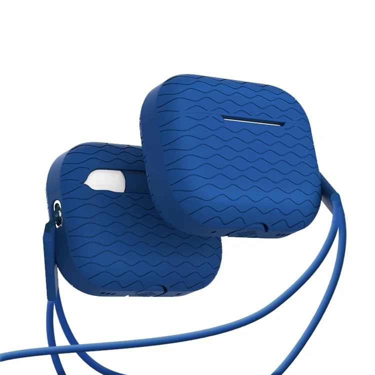 Pour AirPods Pro 2 Wavy Texture Earphone Case Soft Silicone Anti-Scratch Protective Cover Skin Shell with Strap - Midnight Blue
