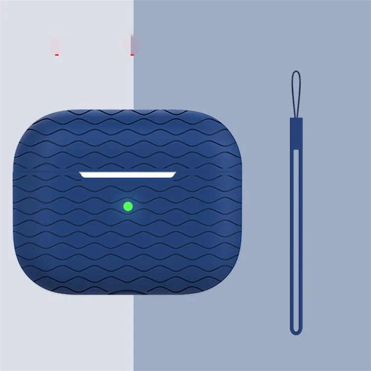 Pour AirPods Pro 2 Wavy Texture Earphone Case Soft Silicone Anti-Scratch Protective Cover Skin Shell with Strap - Midnight Blue
