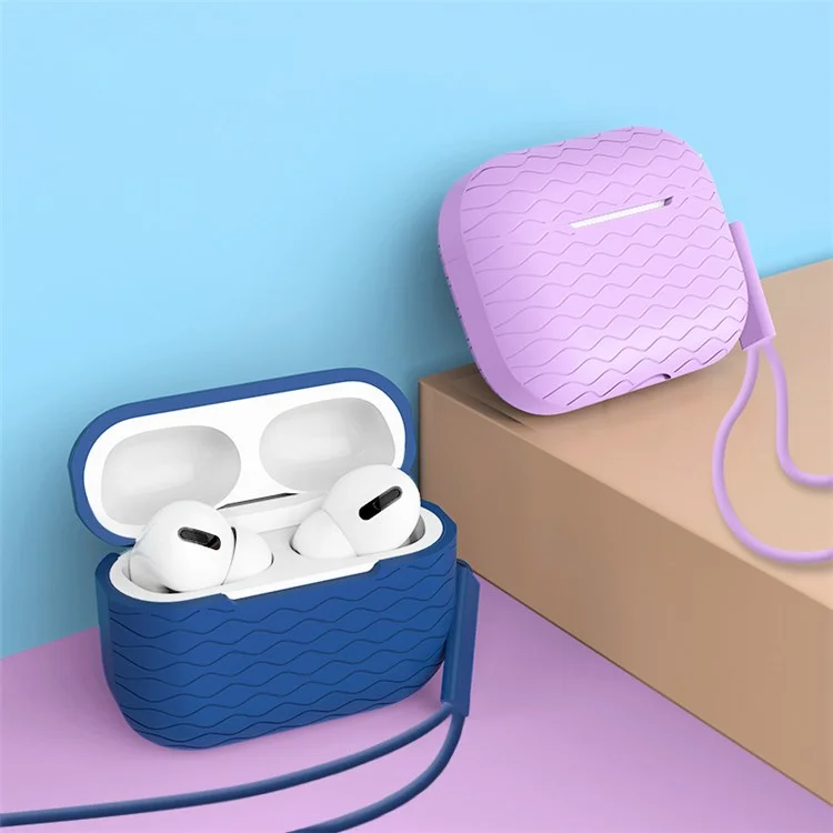 Pour AirPods Pro 2 Wavy Texture Earphone Case Soft Silicone Anti-Scratch Protective Cover Skin Shell with Strap - Midnight Blue
