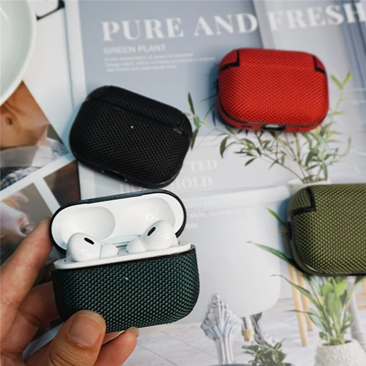 For AirPods Pro (Gen 2) (USB-C) / Pro 2 Charging Case Cover Nylon PC Anti-Fall Case Bluetooth-compatible Headset Protector with Strap - Dark Green