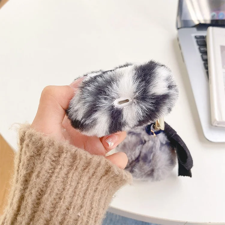 For Apple AirPods 3 Bluetooth-compatible Earbuds Case Leopard Pattern Soft Fake Fur Coated TPU Protective Cover with Bowknot Pompom - Black  /  White