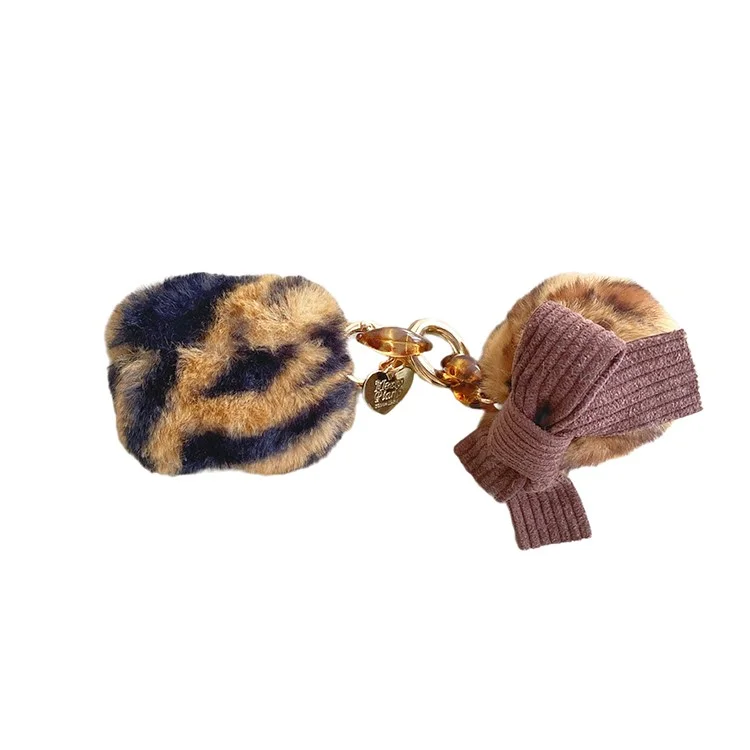 For Apple AirPods 3 Bluetooth-compatible Earbuds Case Leopard Pattern Soft Fake Fur Coated TPU Protective Cover with Bowknot Pompom - Black  /  Brown