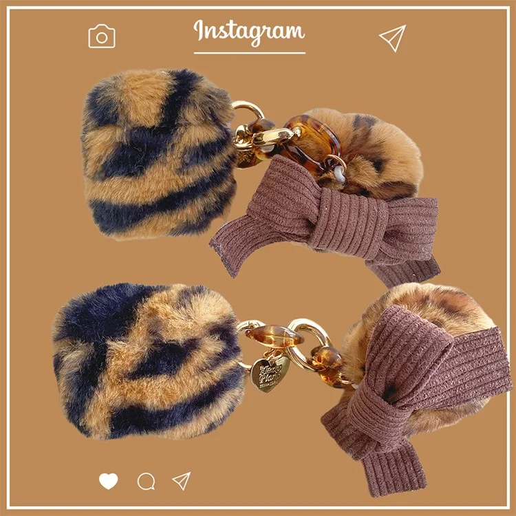 For Apple AirPods 3 Bluetooth-compatible Earbuds Case Leopard Pattern Soft Fake Fur Coated TPU Protective Cover with Bowknot Pompom - Black  /  Brown