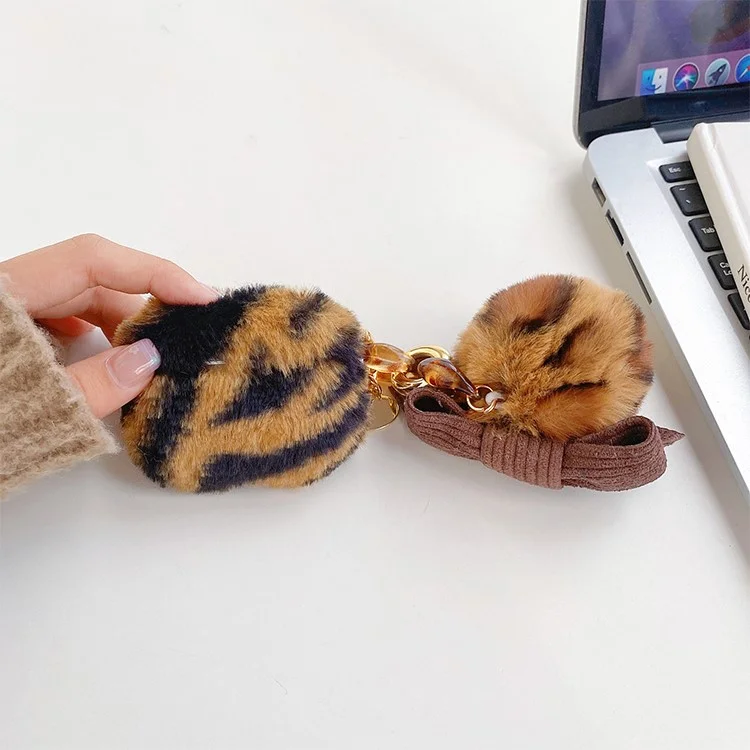 For Apple AirPods 3 Bluetooth-compatible Earbuds Case Leopard Pattern Soft Fake Fur Coated TPU Protective Cover with Bowknot Pompom - Black  /  Brown
