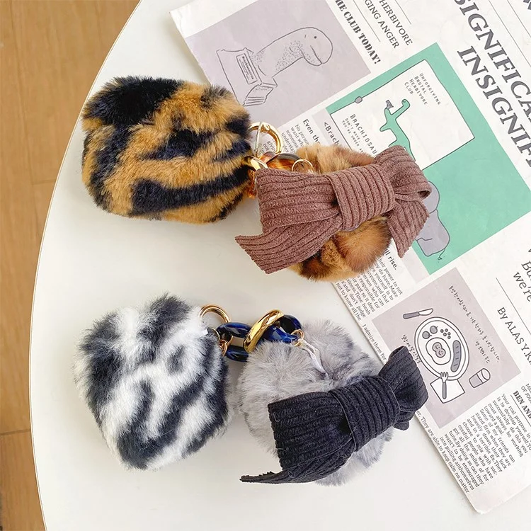 For Apple AirPods 3 Bluetooth-compatible Earbuds Case Leopard Pattern Soft Fake Fur Coated TPU Protective Cover with Bowknot Pompom - Black  /  Brown