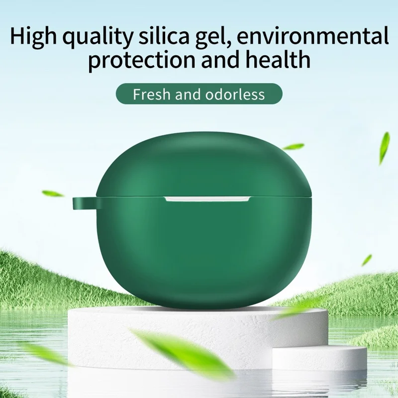For Realme Buds T100 Silicone Protective Sleeve Bluetooth-compatible Earphone Shockproof Cover with Hanging Buckle - Green