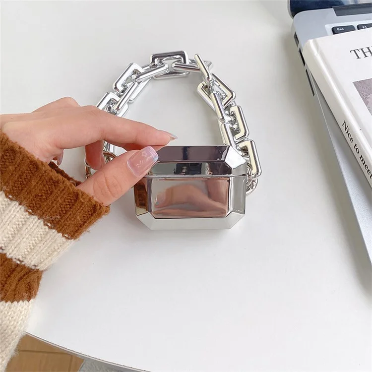 For Apple AirPods 3 Soft TPU Anti-scratch Cover Bluetooth-compatible Earphone Electroplating Protective Case with Hand Chain - Silver