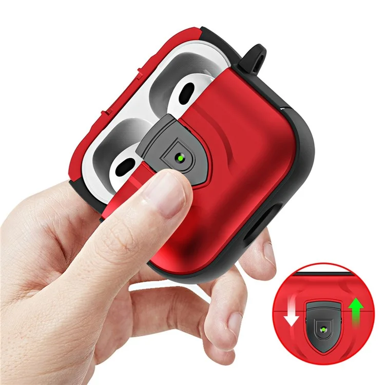 For Apple AirPods 3 Bluetooth-compatible Earphone Case Press Lock PC + TPU Drop-proof Earbuds Cover with Hanging Buckle - Red
