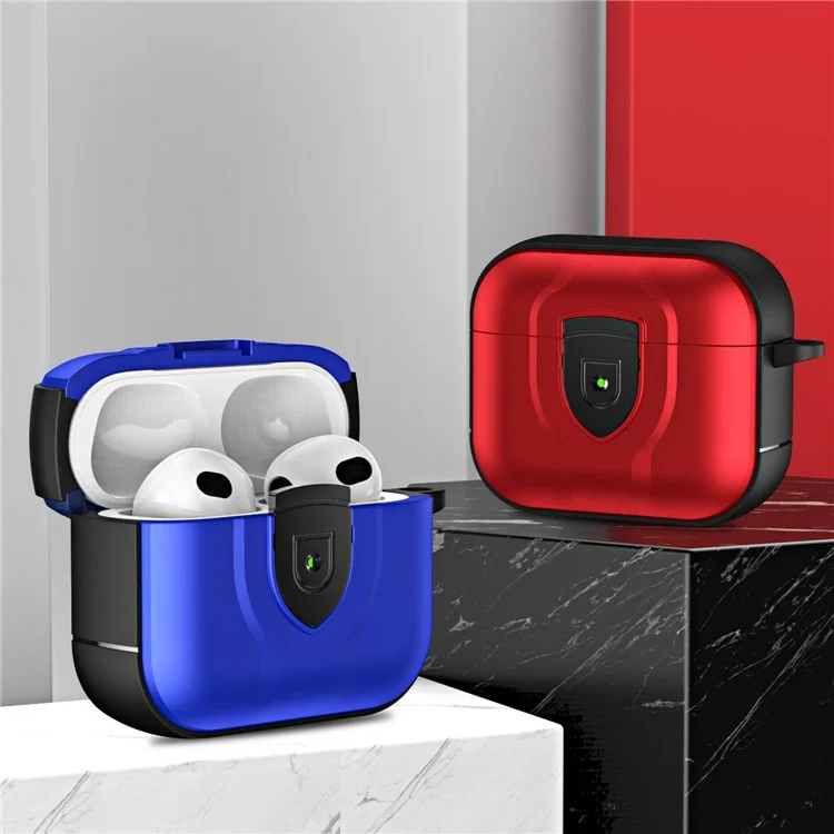 For Apple AirPods 3 Bluetooth-compatible Earphone Case Press Lock PC + TPU Drop-proof Earbuds Cover with Hanging Buckle - Red