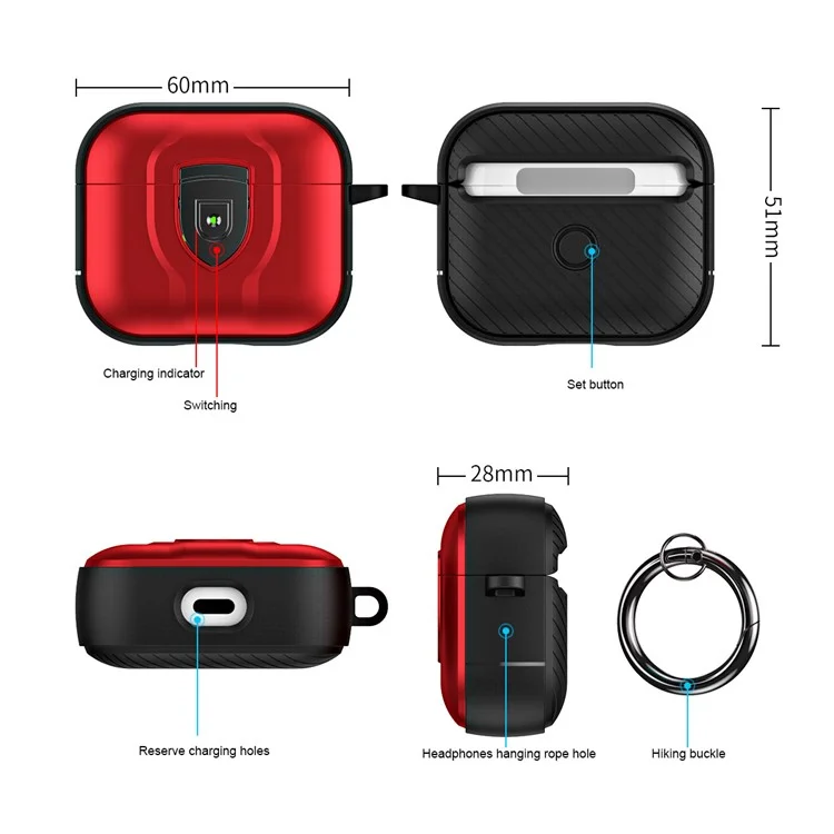 For Apple AirPods 3 Bluetooth-compatible Earphone Case Press Lock PC + TPU Drop-proof Earbuds Cover with Hanging Buckle - Red