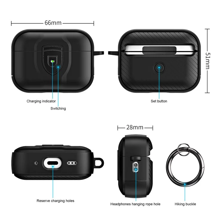 Para Apple AirPods Pro 2 PC + Caja protectora de auriculares Earbud de TPU resistente a los golpes con cierre de presión y hebilla colgante - Negro