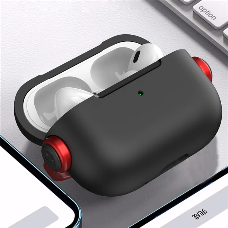 For Apple AirPods Pro 2 Anti-drop Earphone Case Headset Style Dual-color PC+TPU Earbud Cover with Ring Strap - Black / Red