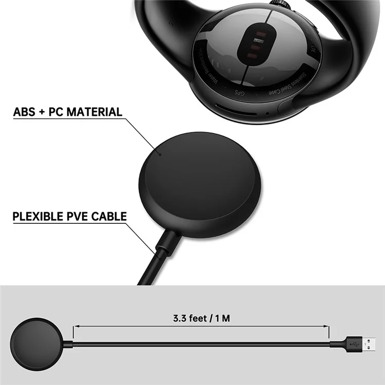 Smartwatch-Ladegerät für Google Pixel Watch, magnetische kabellose Ladestation mit 1 m USB-Kabel - Schwarz