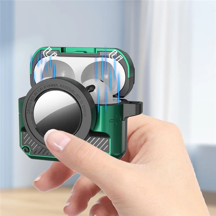 2 in 1 Protective Case for AirPods Pro (Gen 2) (USB-C) / Pro 2 AirTag Anti-Drop Cover Auto Spring Opening Bluetooth-compatible Earbuds Shockproof Case with Hook - Green