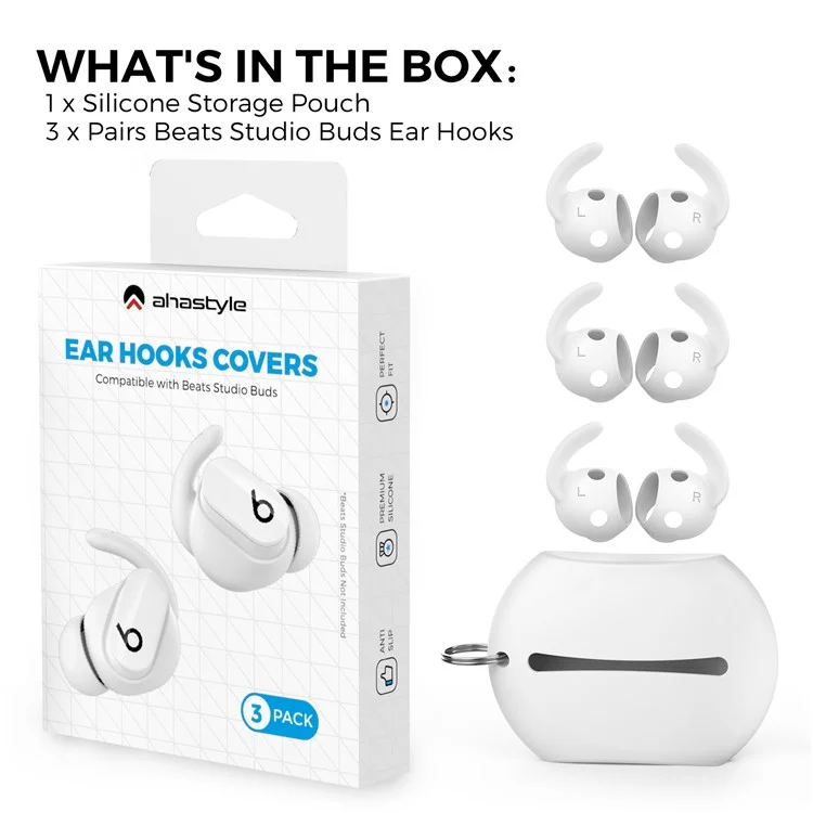 AHASTYLE PT172 3 Paar Ohrhalterung Anti-Verlust-Bluetooth-Kopfhörer-Zubehör kompatibel mit Beats Studio Buds - Weiß