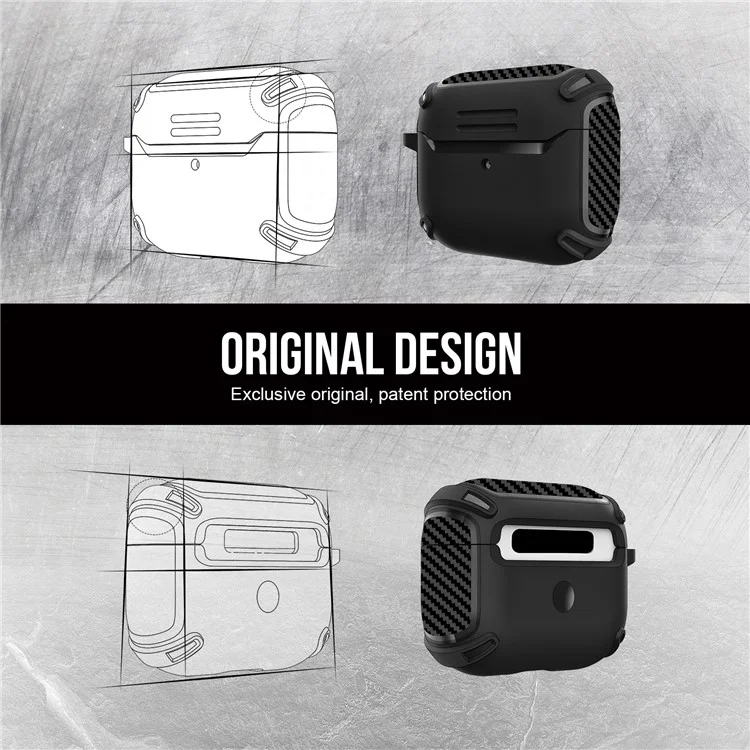 Serie QUAD Element per Apple AirPods 3 Custodia per auricolari in fibra di carbonio Texture Custodia protettiva in TPU morbido resistente agli urti con portachiavi - Nero