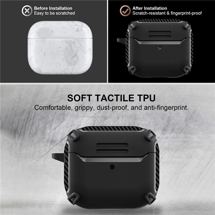 Serie QUAD Element per Apple AirPods 3 Custodia per auricolari in fibra di carbonio Texture Custodia protettiva in TPU morbido resistente agli urti con portachiavi - Nero