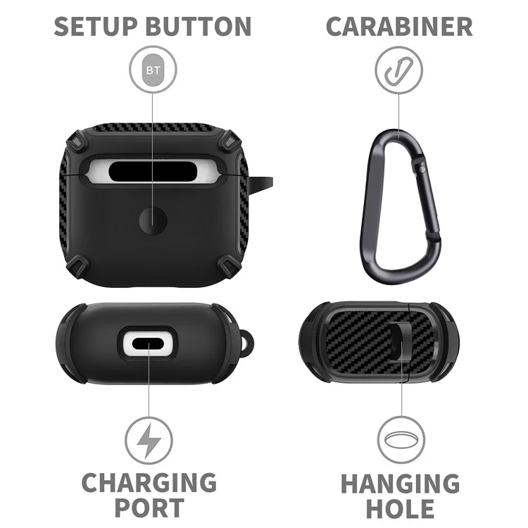 Serie QUAD Element per Apple AirPods 3 Custodia per auricolari in fibra di carbonio Texture Custodia protettiva in TPU morbido resistente agli urti con portachiavi - Nero